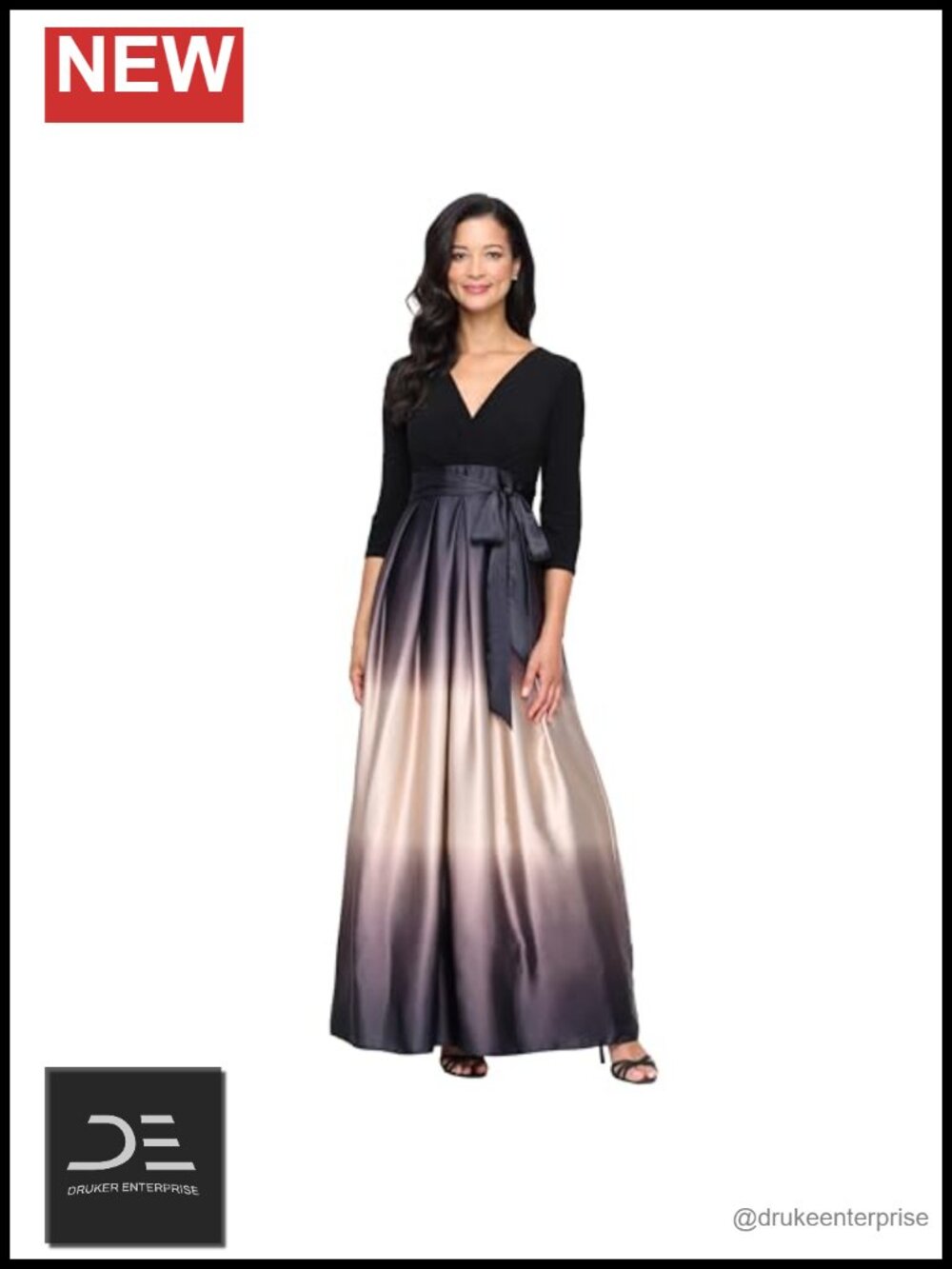 Satin Ombre V-Neck 3/4 Sleeve Mother of the Bride Formal Gown